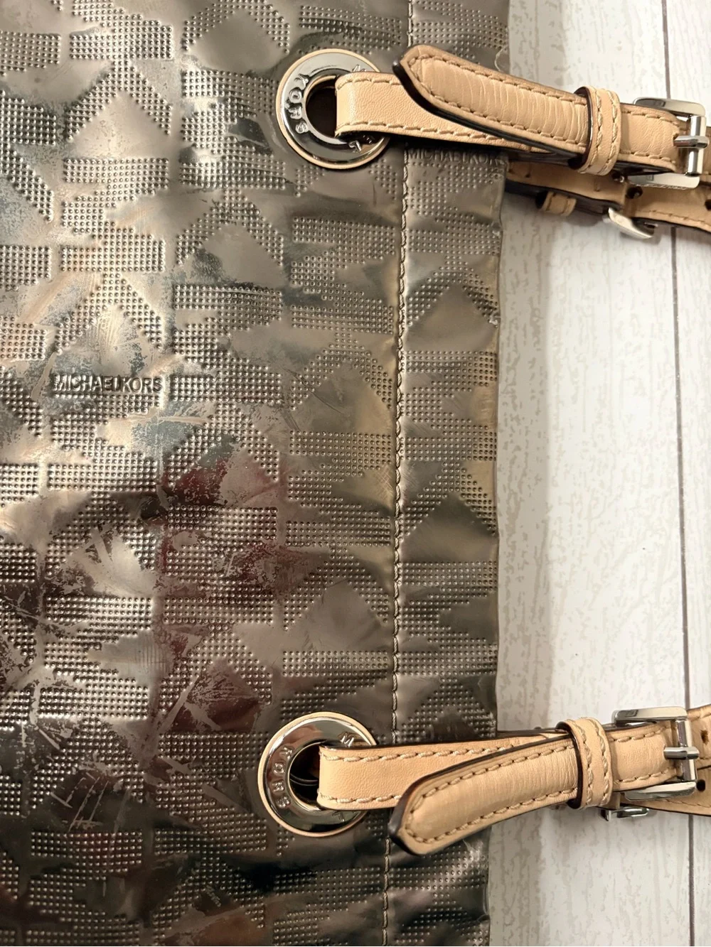 Michael Kors Metallic Bronze MK Logo Tote with Tan Leather Straps